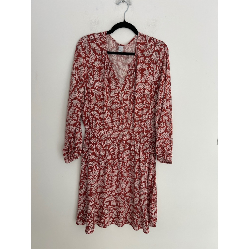 Old Navy Womens Rust Red White Floral Leaf Print Long Sleeve Mini Dress Large